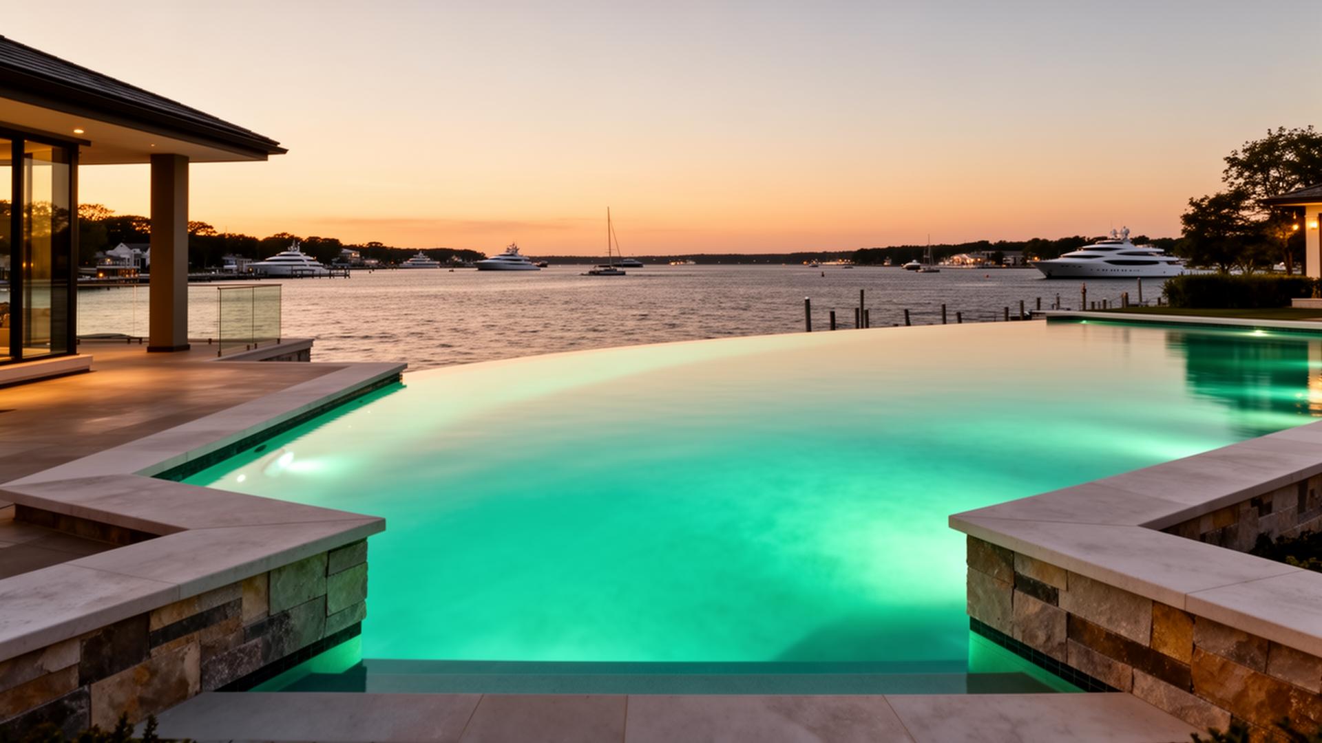 Luxury infinity pool at a Long Island waterfront estate at dusk