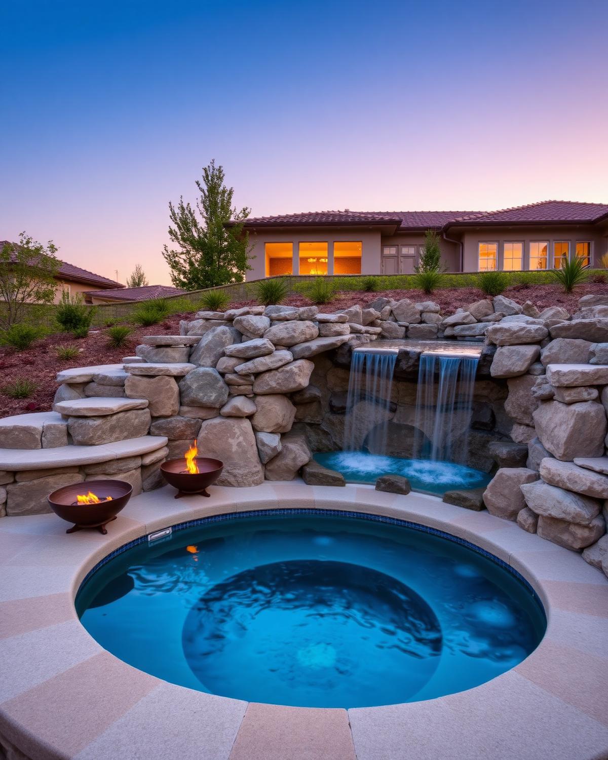 Stone spa with waterfall feature